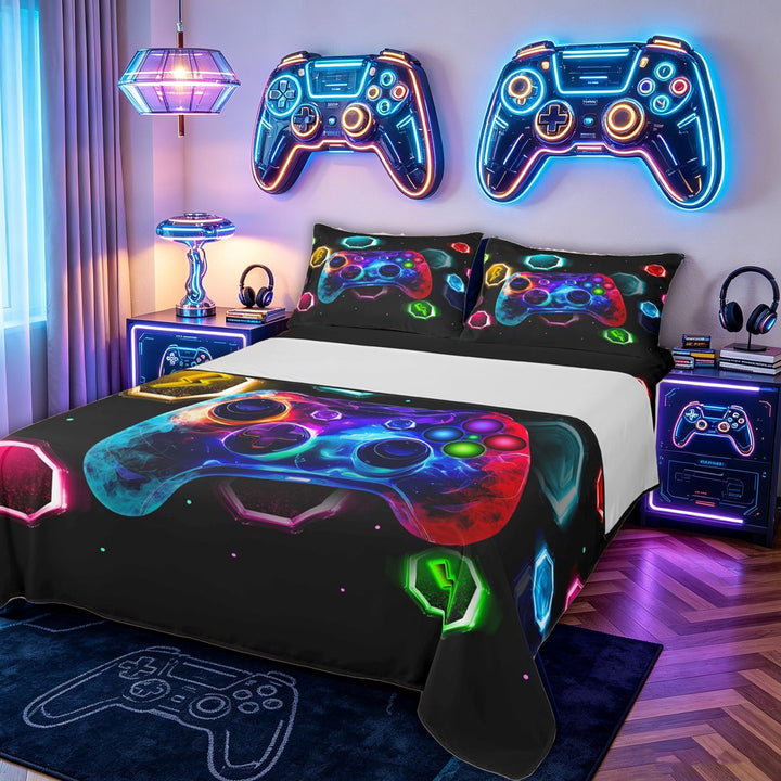 meiyoeat Neon Gamepad Gaming Bed Sheets for Kids Boys, Gamer Controller Full Size Sheets for Bedroom, Black, 4 Pieces