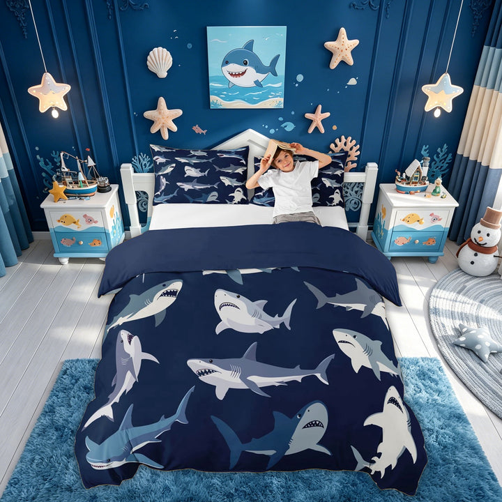 meiyoeat Cartoon Sea Shark Bedding for Kids Boys Girls, Undersea Wildlife Duvet Cover Full, Navy, Blue Reversible, 3pcs, 1 Duvet Cover and 2 Pillowcases