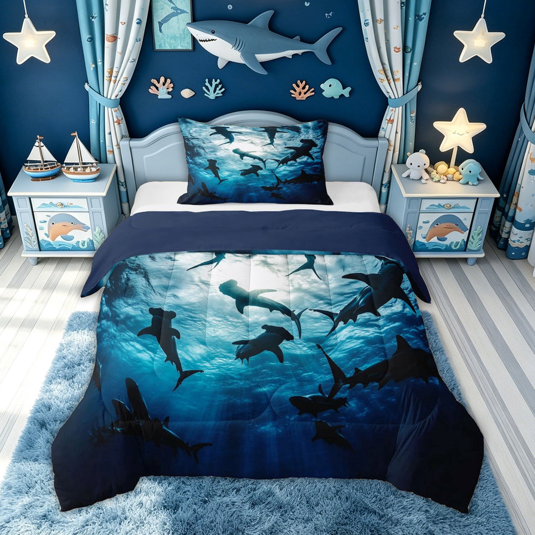 meiyoeat Cartoon Ocean Shark Full Size Comforter Sets for Boys, Moonlight Undersea Animal Bedding Comforter Set, Dark Blue, Blue Reversible, 3-Piece, 1 Comforter and 2 Pillowcases