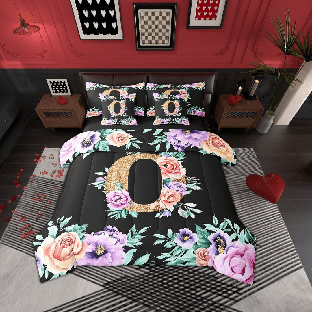 Erosebridal Kawaii Initial Letter Bedding, Monogrammed O Bed in a Bag, Vintage Flower Reversible Bed Set, Super Cozy Bedroom Decor, 7pcs