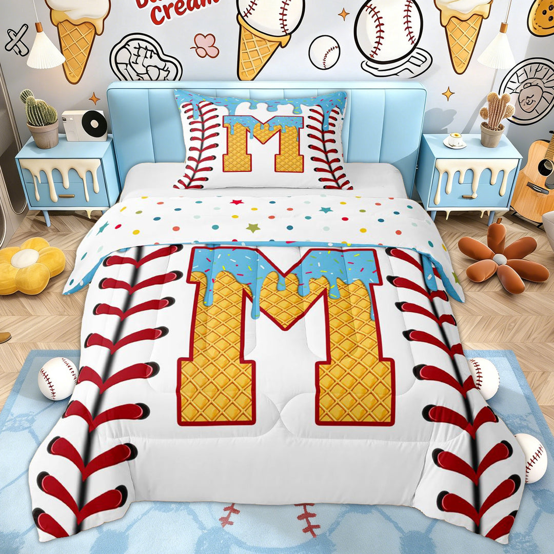Erosebridal Initial M Letter Kid Twin Comforter Sets, Cute Ice Cream Baseball Bedding Set, 2pcs