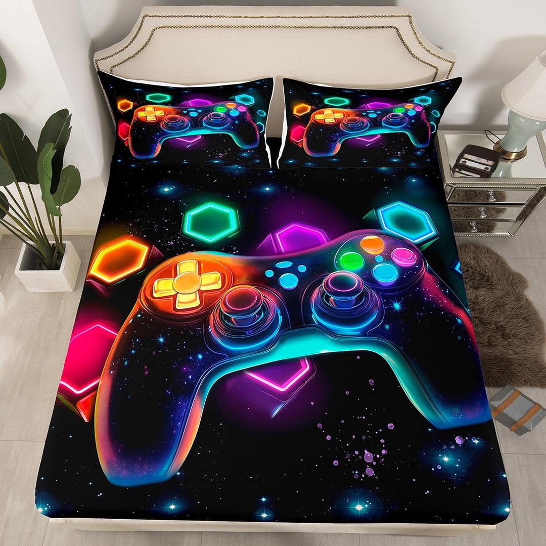 Game Consoles Bed Sheets Twin Gamer Gifts,Gaming Fitted Sheet Space Glow Geometry Sheets Red Green Blue Teal,Gamer Decor Bedroom (No Top Sheet)