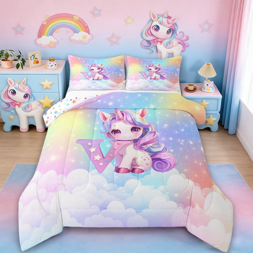 Erosebridal Cute Unicorn Bedding Sets Twin With Comforter, Initial Printed V Duvet Insert, Rainbow Galaxy Comforter Sets Twin Size, Microfiber Bedroom Decorative,2Pcs Reversible