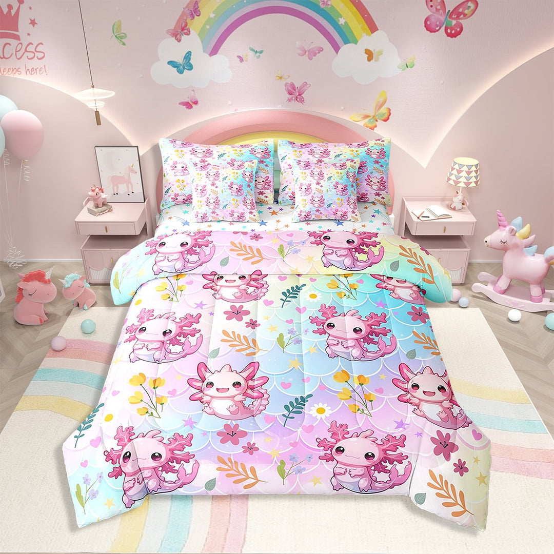 Erosebridal Axolotl Bedding Sets Full Size 7-Piece, Chic Florals Comforter Sets with Sheets, Stars Reversible