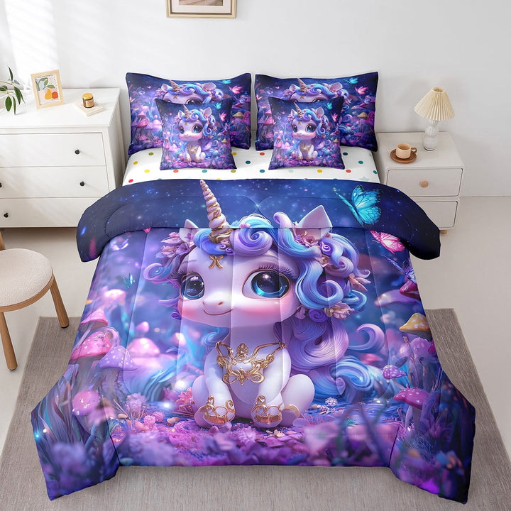 Unicorn Comforter Set Purple Galaxy Starry Twin 7-Piece Bedding Set Teens Botancial Mushroom Decor Bed In A Bag Butterfly Kawaii Animals Fitted Sheet