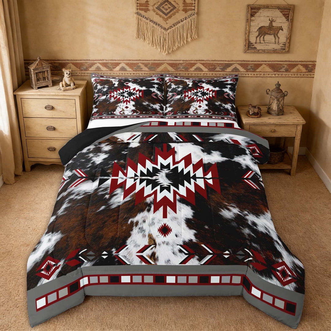 Erosebridal Cowhide Full Size Comforter Sets for Men and Women, Red Black White Tribal Bedding Sets, 3-Piece 1 Comforter and 2 Pillowcases