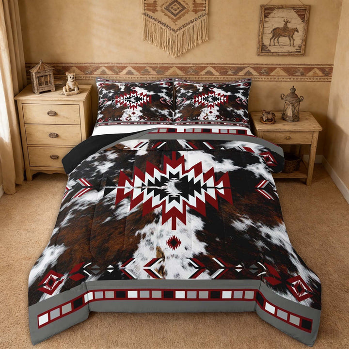 Erosebridal Cowhide Full Size Comforter Sets for Men and Women, Red Black White Tribal Bedding Sets, 3-Piece 1 Comforter and 2 Pillowcases