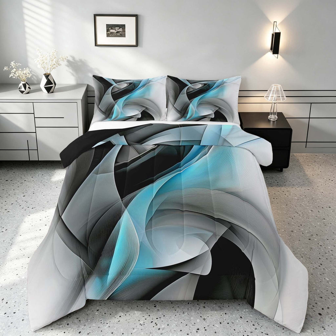 Manfei Blue Black and Gray Full Size Comforter Sets, Modern Abstract Artwork, Black Reversible 3 Pieces, 1 Comforter and 2 Pillowcases