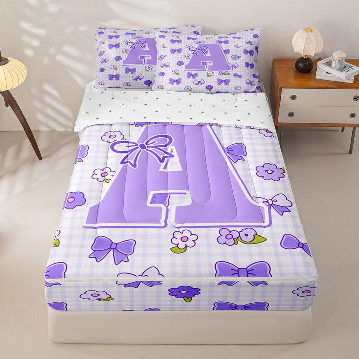 meiyoeat Cute Bow Letter A Zipper Comforter Set with Fitted Sheet and 2 Pillowcases for Girls, Floral Plaid Zipper Bedding Set for Bedroom, Purple, Reversible, 3-Piece