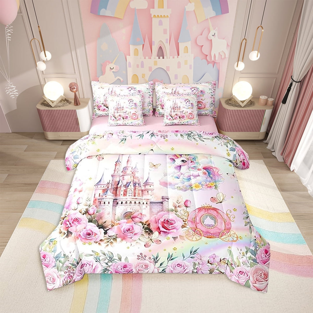 Erosebridal Unicorn Rainbow Twin Comforter Set with Sheets 7 Pieces,Cartoon Castle Pink Comforter Blanket,Flowers Bedding Sets with Comforter,Flat Sheet,Fitted Sheet