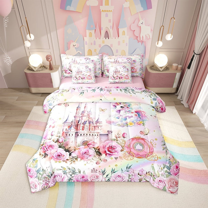 Erosebridal Unicorn Rainbow Twin Comforter Set with Sheets 7 Pieces,Cartoon Castle Pink Comforter Blanket,Flowers Bedding Sets with Comforter,Flat Sheet,Fitted Sheet