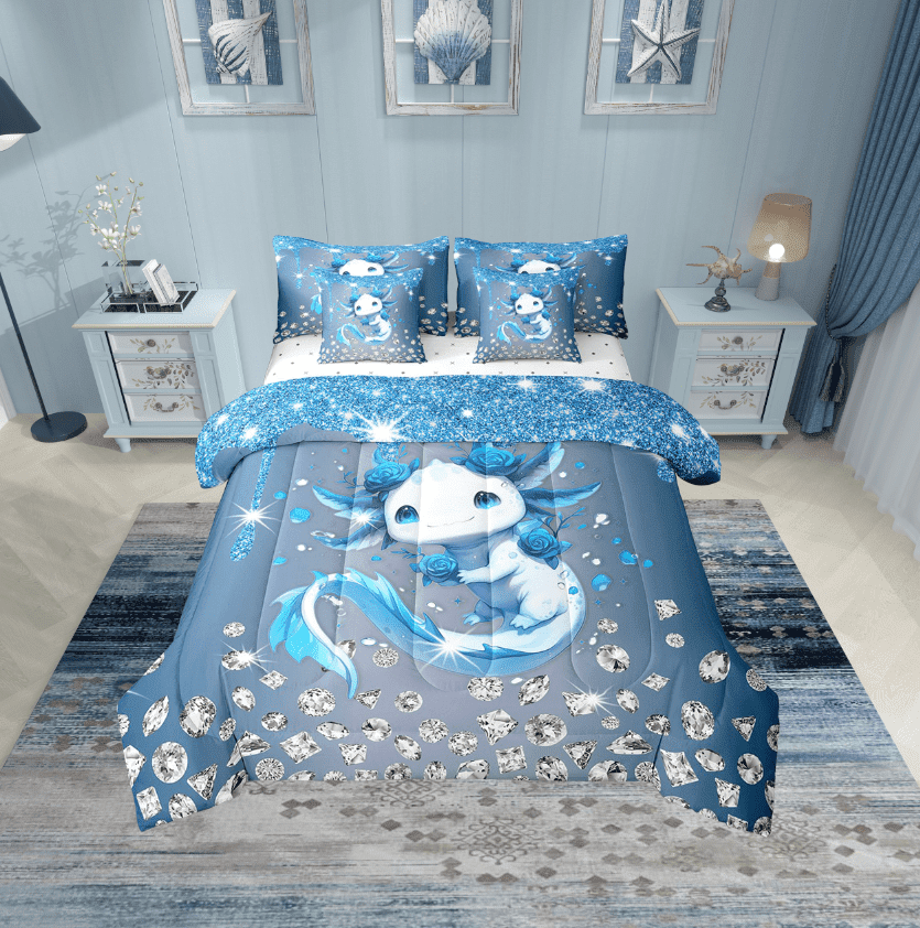 Erosebridal Kawaii Axolotl Bedding Twin Size, Blue Rose Bed in a Bag Twin size, Sequin Print Reversible Bed Set, Microfiber Bedroom Decorative, 7-Piece