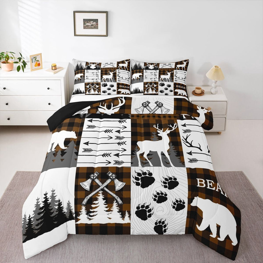 Erosebridal Plaid Deer Bear Quilt Set Rustic Cabin Queen Bedding Sets Men Lodge Hunting Comforter Set Woodland Bed Set Brown Black White Grey Farmhouse Decor 2 Pillow Cases