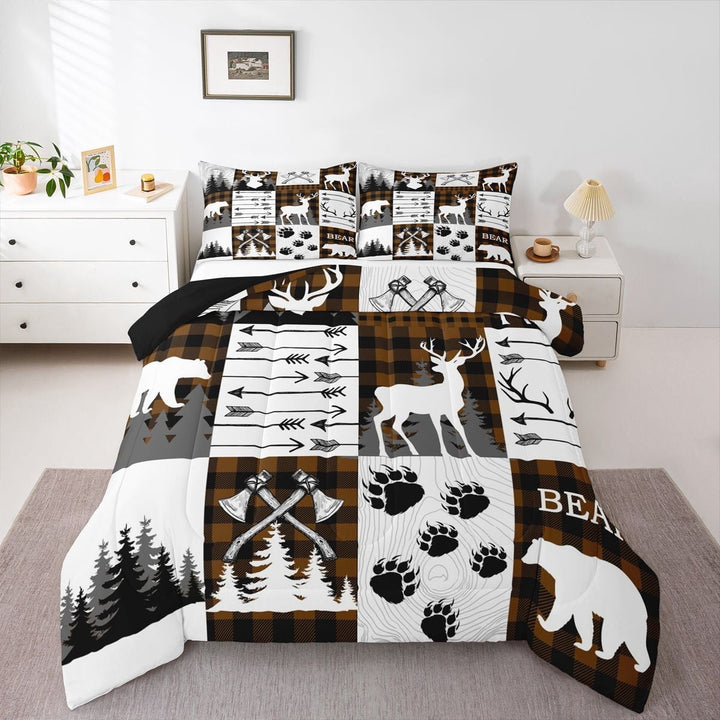 Erosebridal Plaid Deer Bear Quilt Set Rustic Cabin Queen Bedding Sets Men Lodge Hunting Comforter Set Woodland Bed Set Brown Black White Grey Farmhouse Decor 2 Pillow Cases