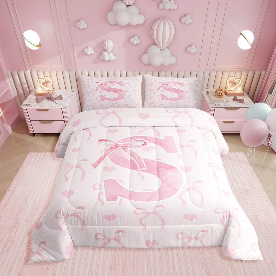 Erosebridal Girly Pink Bowknot Bedding Full Comforter Set, Initial S Letter Down Comforter, Cartoon Love Decor, Reversible