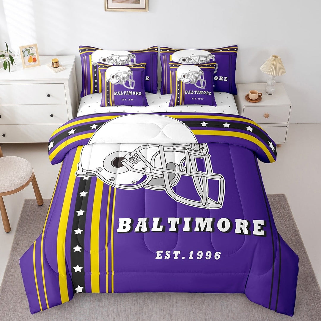 Erosebridal Football Comforter Set Twin Size 7-Piece American Football City Bedding with Sheets, Rugby Game Sports Style Bedding Comforters &amp; Sets Bed-in-a-Bag, Purple Yellow Black (Baltimore)