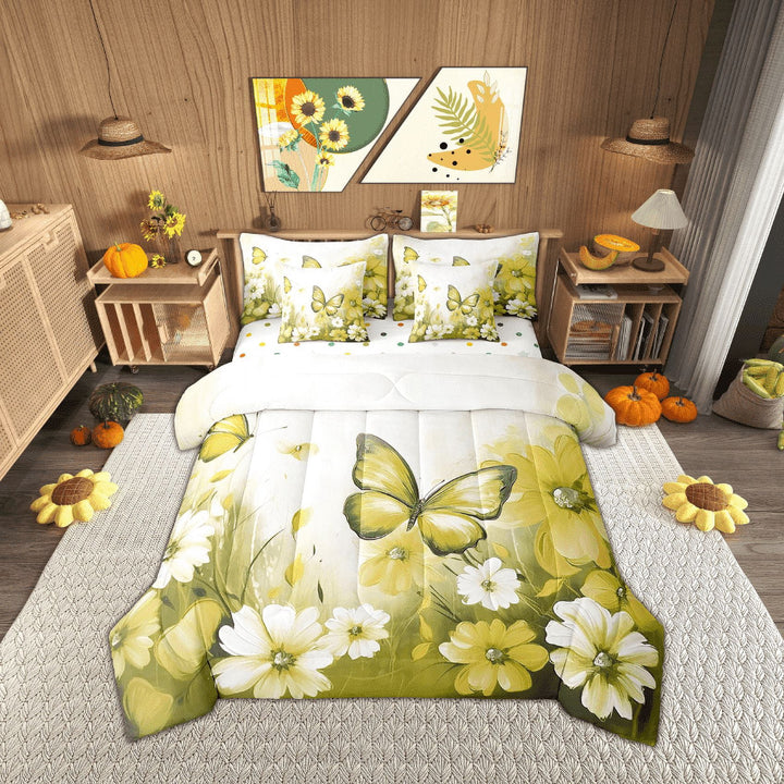 Butterfly Flowers 7 Piece Comforter Set Full Bed in a Bag,Yellow Ombre Art Oil Painting Floral Bedding Sets Rustic Aesthetic Animal Daisy Flower Sheet Set with Comforter