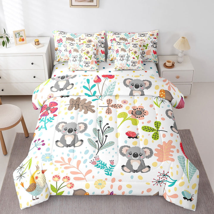 Erosebridal Cute Koala Bed In A Bag With Sheets Kids Cartoon Koala Bear Twin Comforter Set 7 Piece For Girls Boys Woodland Animal Leaves Flower Bedding Set Jungle Wildlife Ladybug Birds Bed Set
