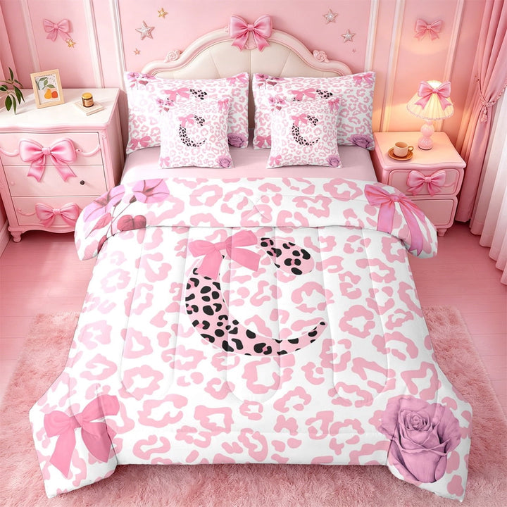 Erosebridal Abstract Leopard Print 7-Piece Twin Bedding Sets For Kids,Girls Pink Cheetah Pattern Letter C Monogrammed Bedding Comforter Set,Pink Reversible