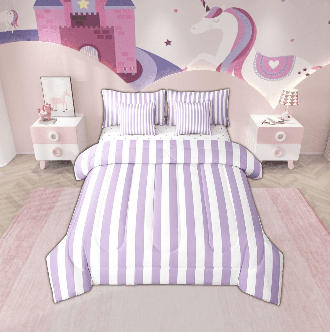 Erosebridal Purple Stripes Bed in a Bag Twin size, Geometry Abstract Bed Set, Minimalism Reversible Bedding Twin Size, Microfiber Bedroom Decoration, 7pcs