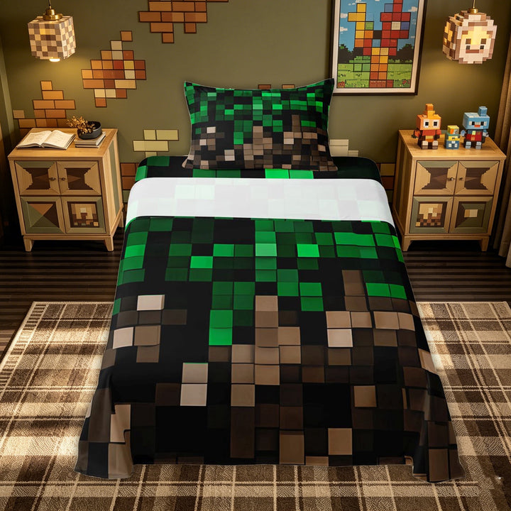 meiyoeat Dark Grass Block Bed Sheets for Kids Boys, Gaming Pixel Full Size Sheets for Dorm, Green Brown, 4pcs