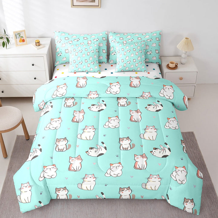 Cute Kitten Cat Bed in a Bag 7pcs Cartoon Pet Animal Bedding Set Queen, Ultra Soft 7Pcs, Blue