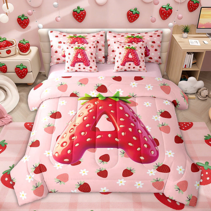 Erosebridal Girls Pink Red Strawberry Twin Bedding Sets for Kids, Initial Letter A Bedding Comforter Set, Pink Reversible, 7pcs
