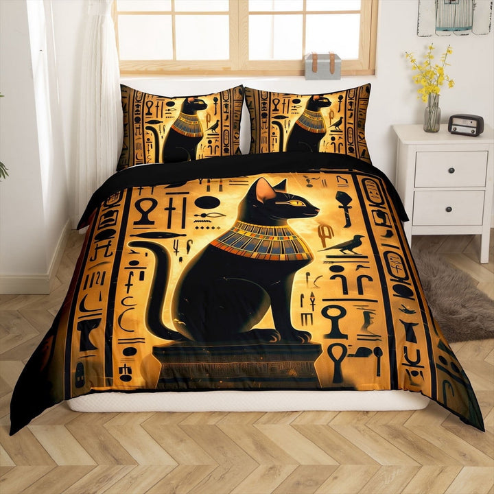 Erosebridal Egyptian Pharaoh Cat Comforter Cover Full, Ancient Egypt Bedding Full Size, Reversible 3 Pieces (No Comforter)
