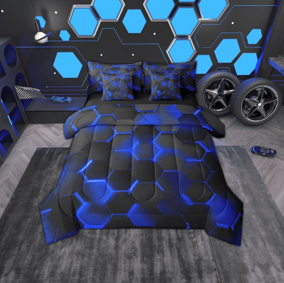 Erosebridal Neon Honeycomb Bedding Sets Twin Size, Blue Geometric Comforter Sets with Sheets, Abstract Stripe Reversible Bedding Twin Size, Breathable Room Decorative, 7pcs