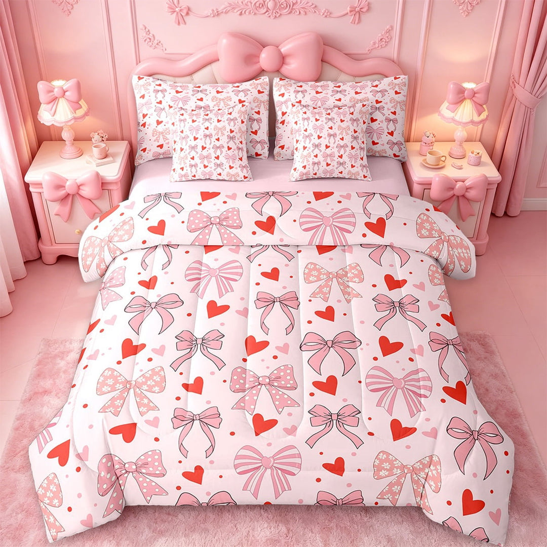 Erosebridal Kawaii Bow Bedding Twin Size,Heart Dot Print Comforter Sets with Sheets,Red Pink Bedding Sets Twin Size For Boys Girls,Microfiber Bedroom Decor Reversible,7pcs