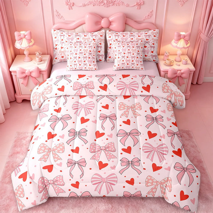 Erosebridal Kawaii Bow Bedding Twin Size,Heart Dot Print Comforter Sets with Sheets,Red Pink Bedding Sets Twin Size For Boys Girls,Microfiber Bedroom Decor Reversible,7pcs