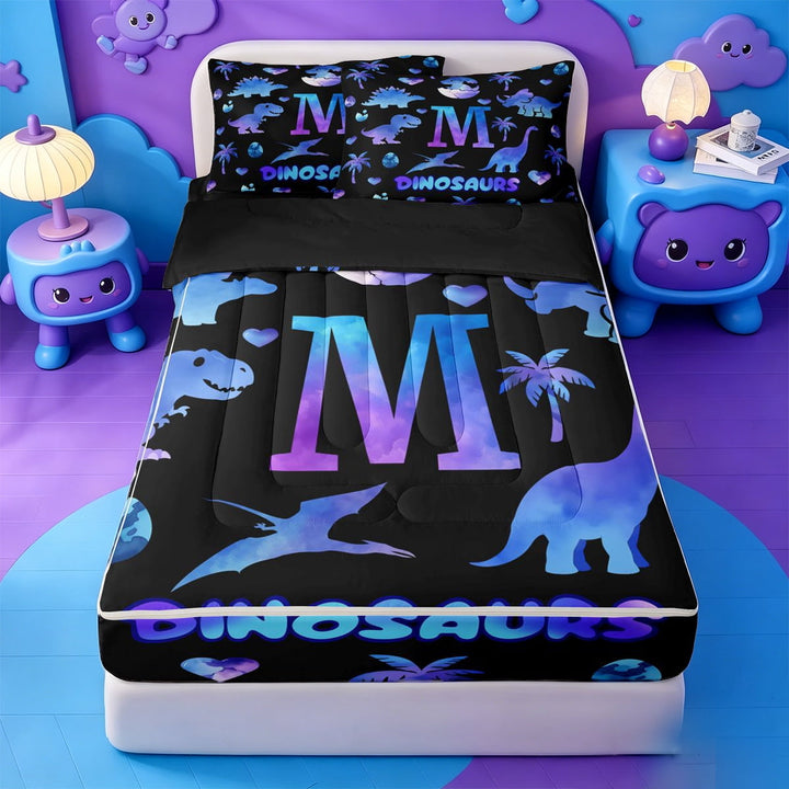 meiyoeat Dino Watercolor Monogram M Zipper Full Size Comforter Sets with Fitted Sheet and 2 Pillowcases For Boys,Wild Animal Themed Zipper Bedding Set,Black Reversible,4 Pieces