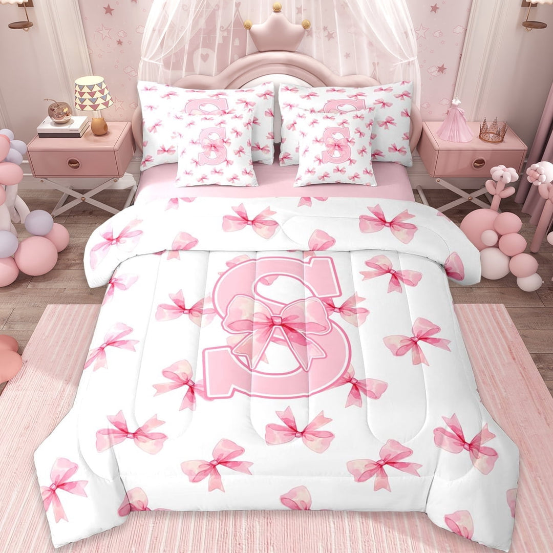 Erosebridal Letter S Monogrammed 7-Piece Twin Bedding Sets,Pink Girly Bowknot Bedding Comforter Set For Bows Lover,Reversible
