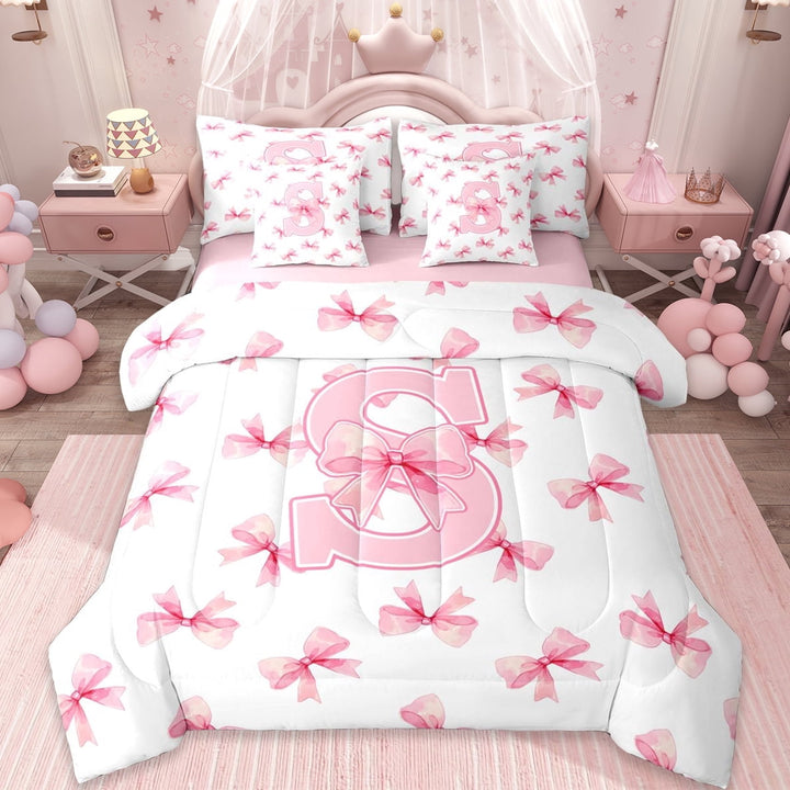 Erosebridal Letter S Monogrammed 7-Piece Twin Bedding Sets,Pink Girly Bowknot Bedding Comforter Set For Bows Lover,Reversible