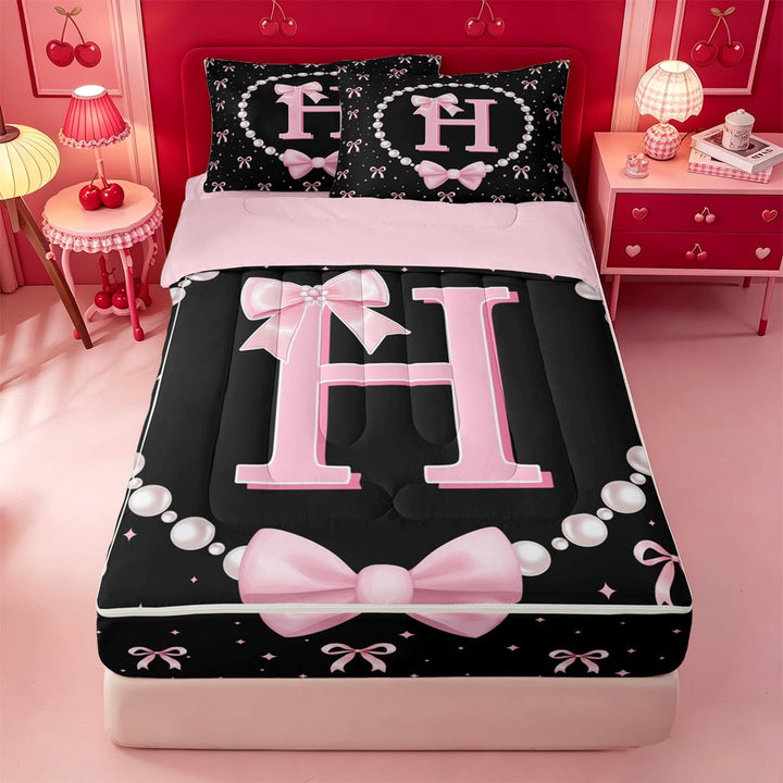 meiyoeat Chic Pearl Necklace Print Zipper Full Size Comforter Sets with Fitted Sheet and 2 Pillowcases For Kids,Pink Coquette Bowknot Initial Letter H Zipper Bedding Set,Pink Reversible,4 Pieces