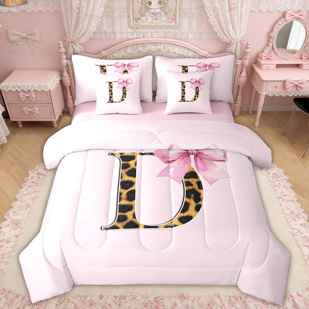 Erosebridal Girly Pink Ribbon Twin Bedding Sets, Fashion Cheetah Print D Letter Bedding Comforter Set for Girls Kids, Pink Reversible, 7 Pieces