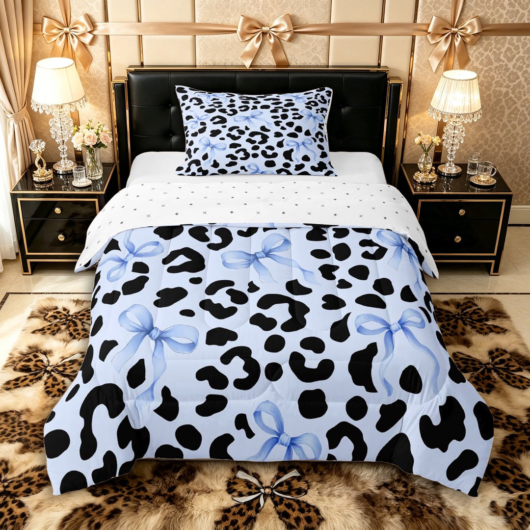 Manfei Vintage Leopard Print Bow Twin Comforter Sets 3-Piece for Teens Girls,Black Blue Cheetah Print Bedding Set for Kids,Ultra Soft Home Decor
