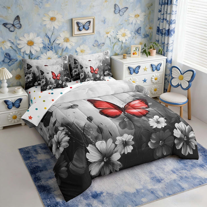 Butterfly Flowers 7 Piece Comforter Set Full Bed in a Bag,Red Black Ombre Art Oil Painting Floral Bedding Sets Rustic Aesthetic Animal Daisy Flower Sheet Set with Comforter