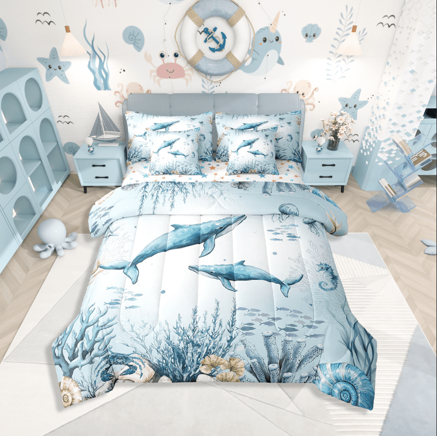 Erosebridal Ocean Whale Bedding Sets Twin Size,Sea Wildlife Comforter Sets with Sheets,Cartoon Bedroom Decor,Reversible,7pcs