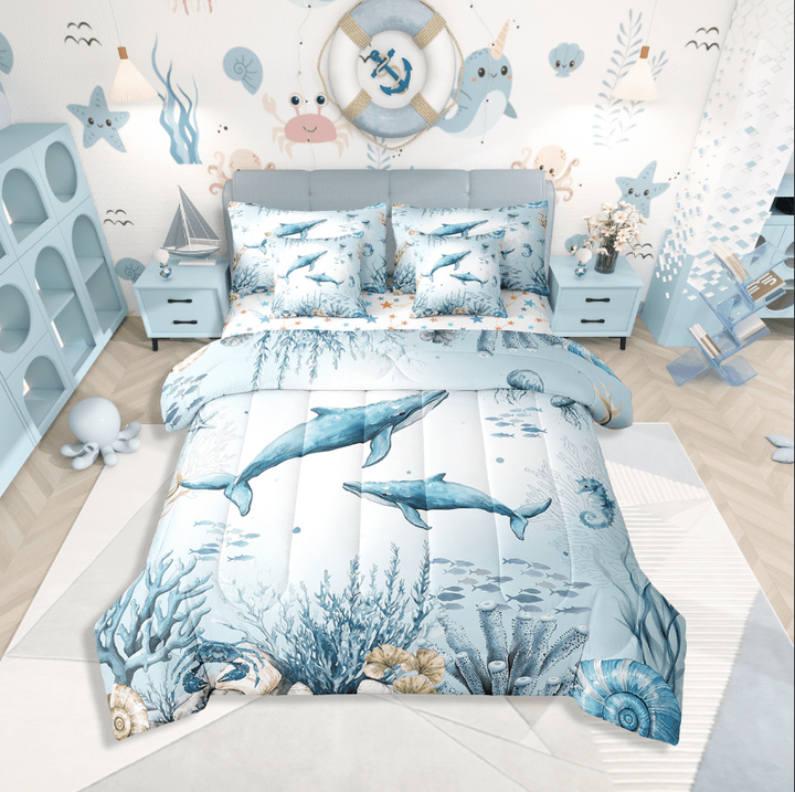 Erosebridal Ocean Whale Bedding Sets Twin Size,Sea Wildlife Comforter Sets with Sheets,Cartoon Bedroom Decor,Reversible,7pcs
