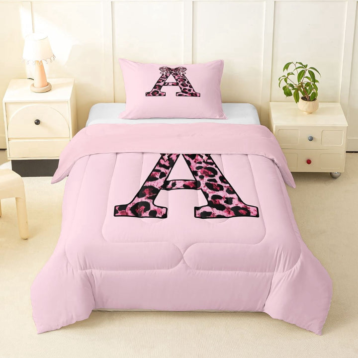 Erosebridal Black Pink Leopard Print Bow Knot Girl Twin Comforter Sets 3-Piece,Personalized Initial A Bedding Set For Teens,Pink Reversible