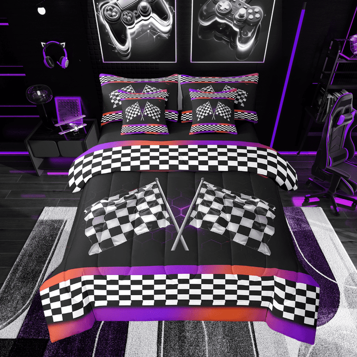 Erosebridal Race Checkered Bedding Sets Twin Size, Sports Comforter Sets with Sheets, Neon Honeycomb Decor, Reversible 7pcs