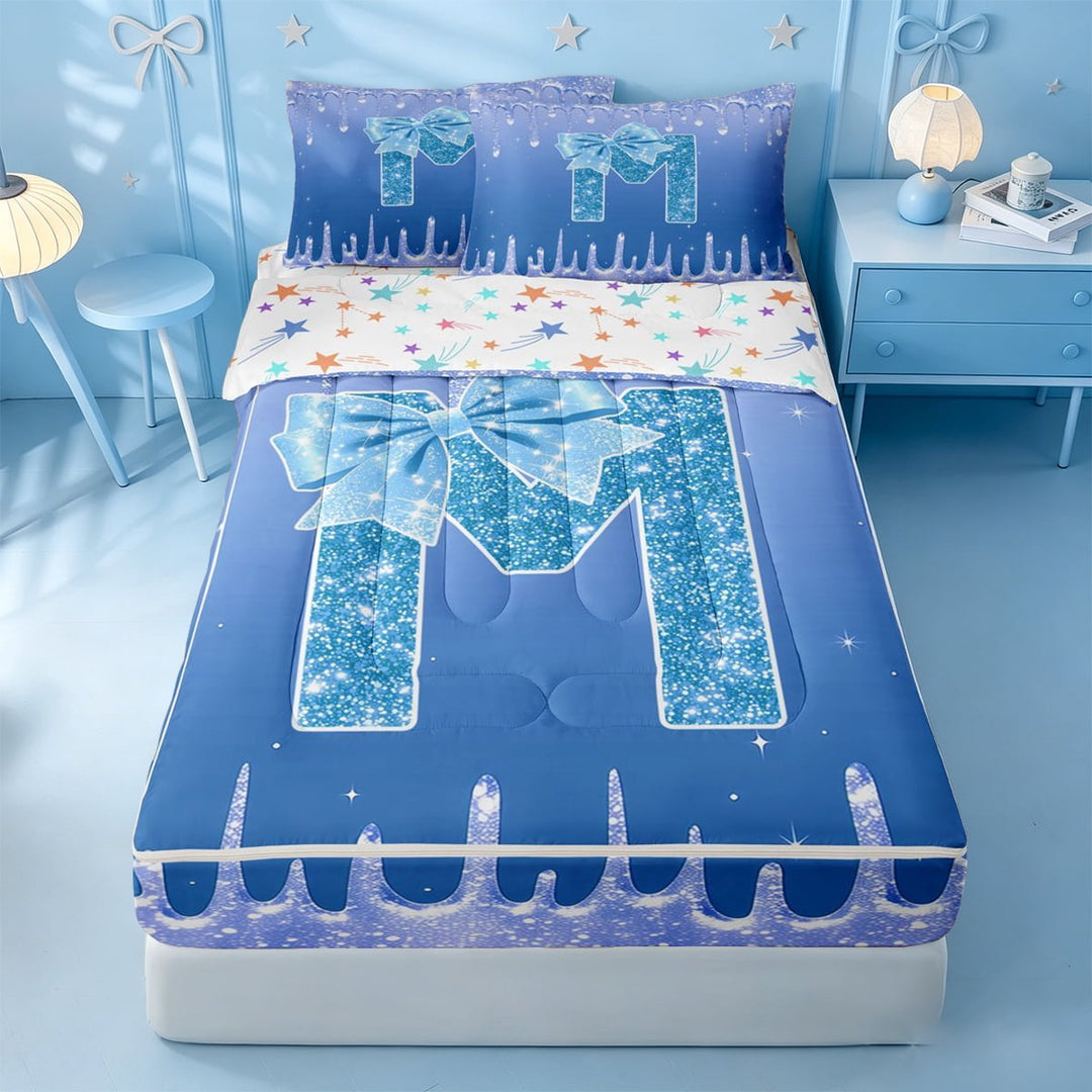 meiyoeat Blue Glitter Bowknot Monogram M Print Zipper Full Size Comforter Sets with Fitted Sheet and 2 Pillowcases,Chic Ice Drip Initial Zipper Bedding Set For Girl,Colorful Stars Reversible,4-Piece