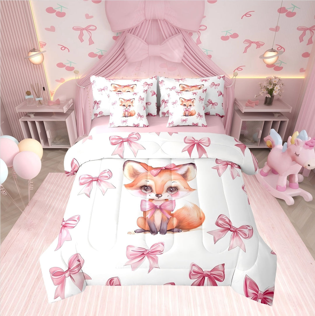 Erosebridal Cartoon Fox Bedding Twin Comforter Set, Pink Bow-tie Down Comforter, Cute Animal Decor, Reversible