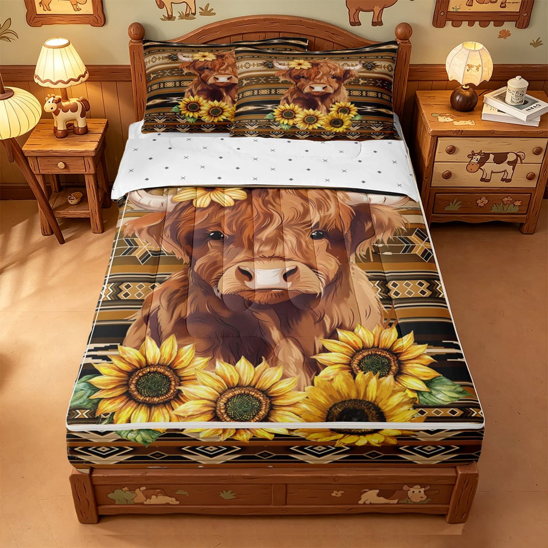 meiyoeat rustic Aztec Highland Cow Zipper Full Size Comforter Sets with Fitted Sheet and 2 Pillowcases,Western Farm Print Zipper Bedding Set,Reversible,4 Pieces