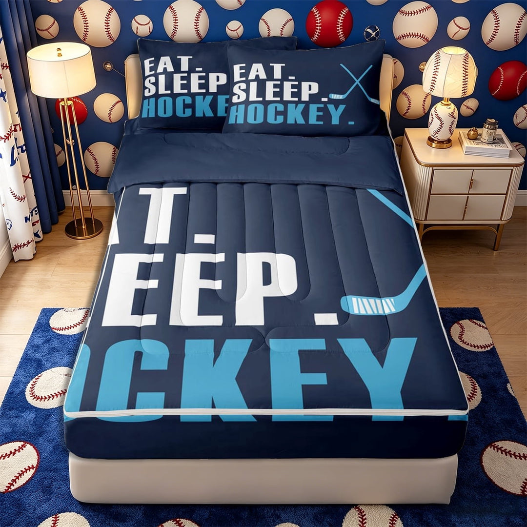 Meiyoeat Eat Sleep Hockey Print Zipper Twin Comforter Sets with Fitted Sheet and 2 Pillowcases, Ball Gamer Zipper Bedding Set, Navy Light Blue,4-Piece,Navy Blue Reversible