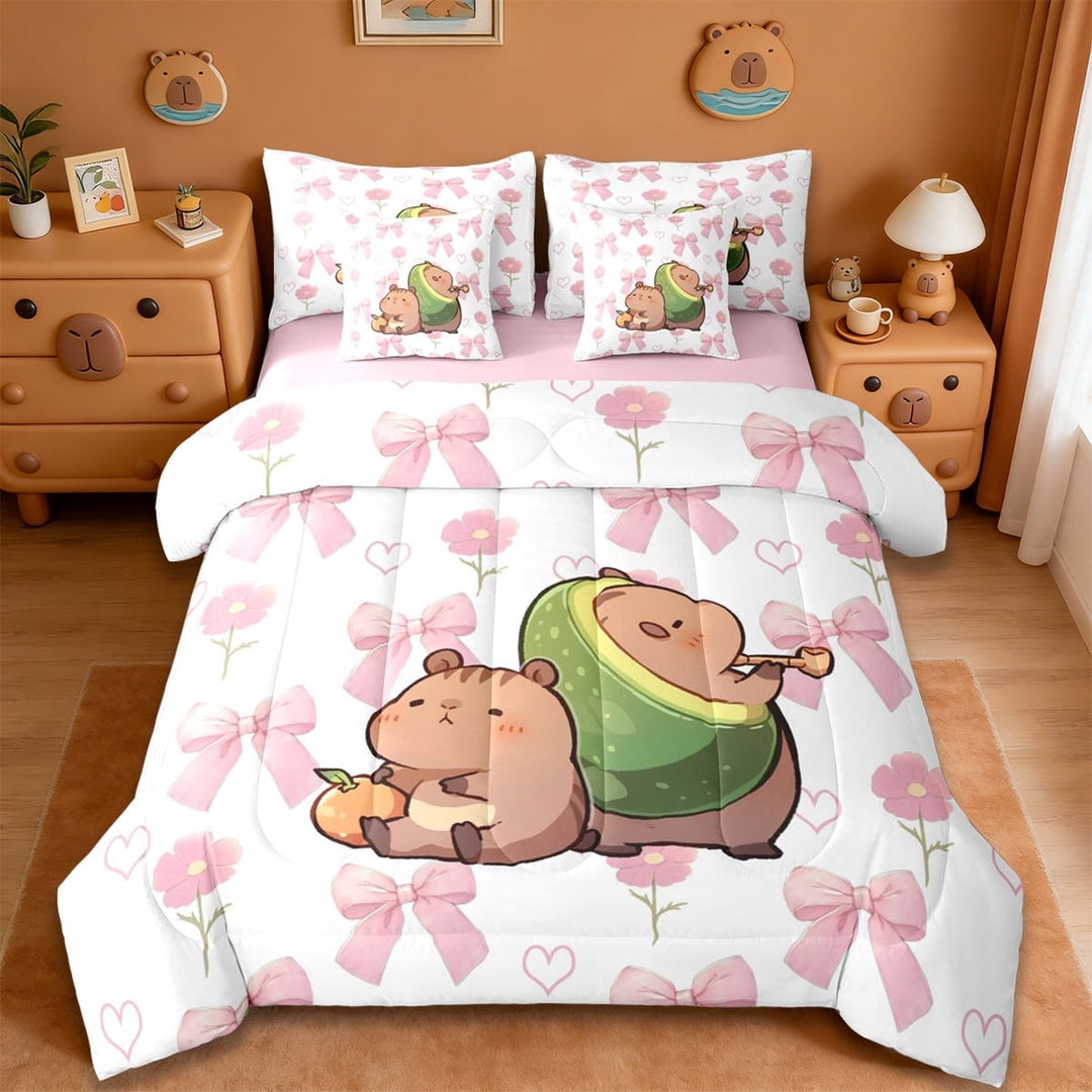 Erosebridal Capybara Animals 7-Piece Twin Bedding Sets,Cute Flowers Blossom Bedding Comforter Set For Kids Teens ,Reversible Pink
