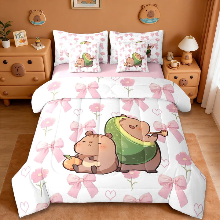 Erosebridal Capybara Animals 7-Piece Twin Bedding Sets,Cute Flowers Blossom Bedding Comforter Set For Kids Teens ,Reversible Pink
