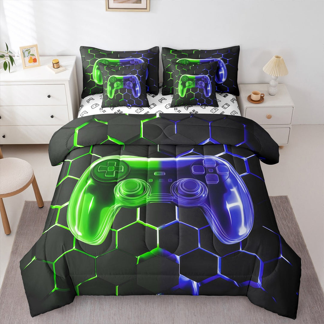 Erosebridal Chic Gamepad Bed in a Bag Twin size, Gaming Controller Bed Set, Green Blue, Reversible 7 Pieces
