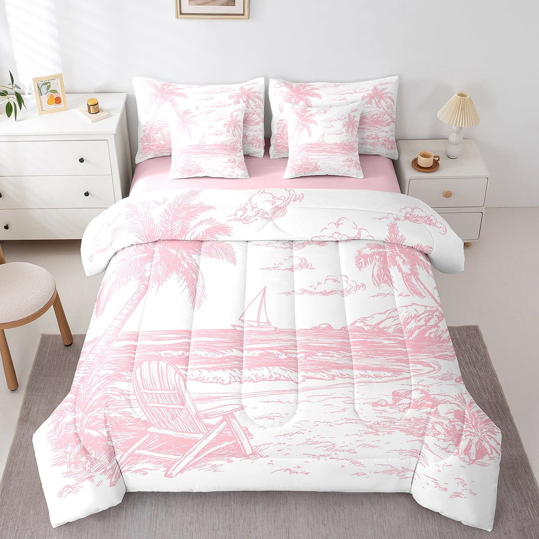 Erosebridal Palm Tree Bed in a Bag Full size,Pink White Bed Set,Ocean Beach Decor,Reversible,7pcs